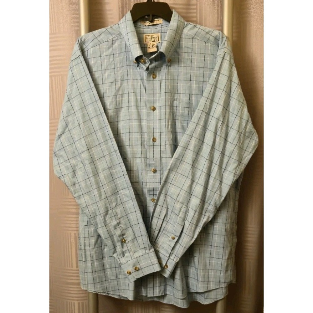 LL Bean Shirt Large Blue Checked Long Sleeve Wrinkle Resistant 100% Cotton